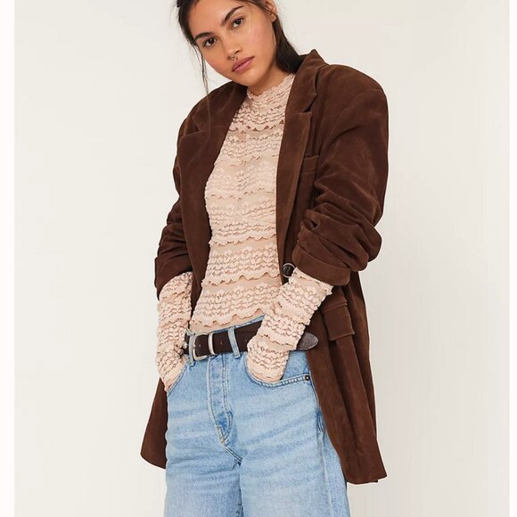 Free People Paper Cut Vegan Suede Oversized Brown Blazer jacket size L - Picture 1 of 8